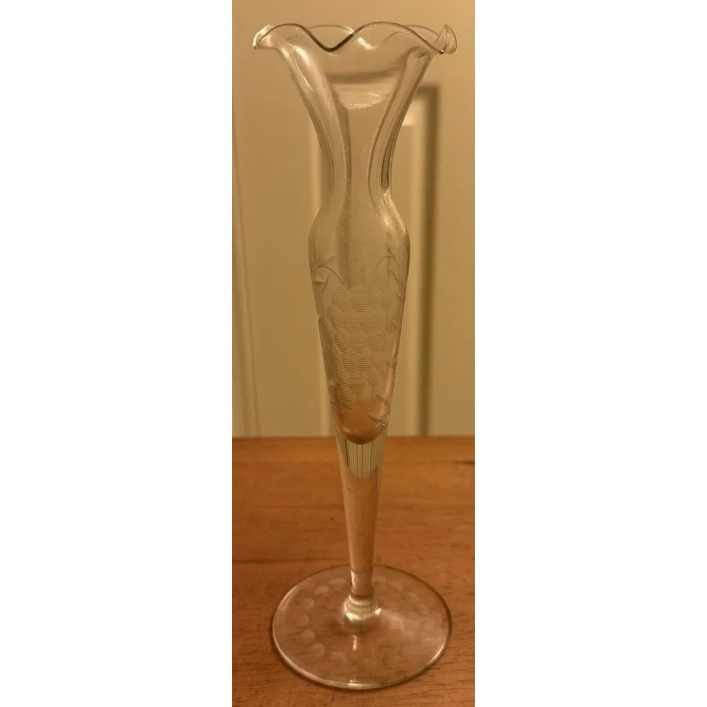 Vintage Etched Glass‎ Bud Vase Grapevine 8
